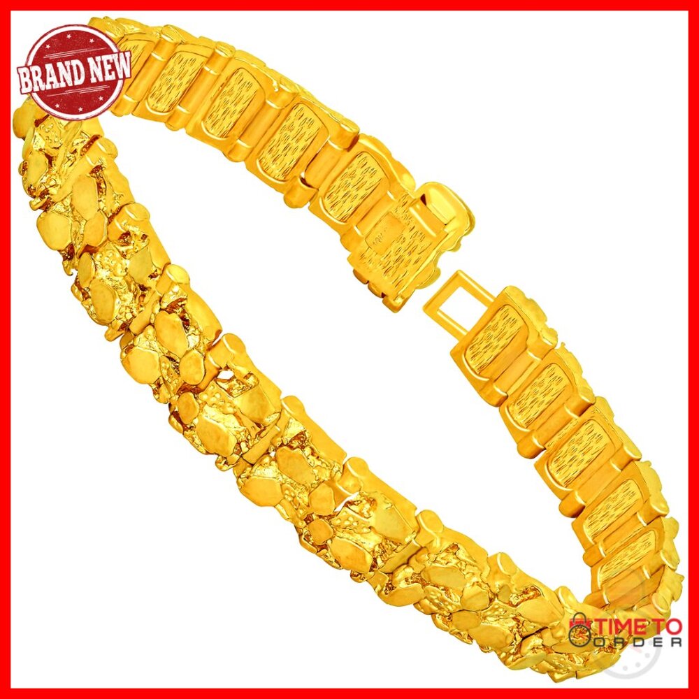13mm Rugged Nugget Link Bracelet 24k Gold Plated Unisex 9 Inch